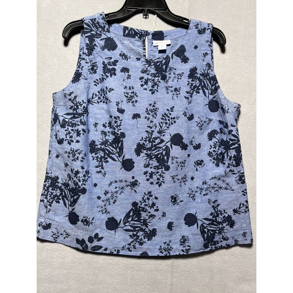 Liz Claiborne Women’s M Blue Floral Sleeveless Linen Cotton Blouse Tank Top